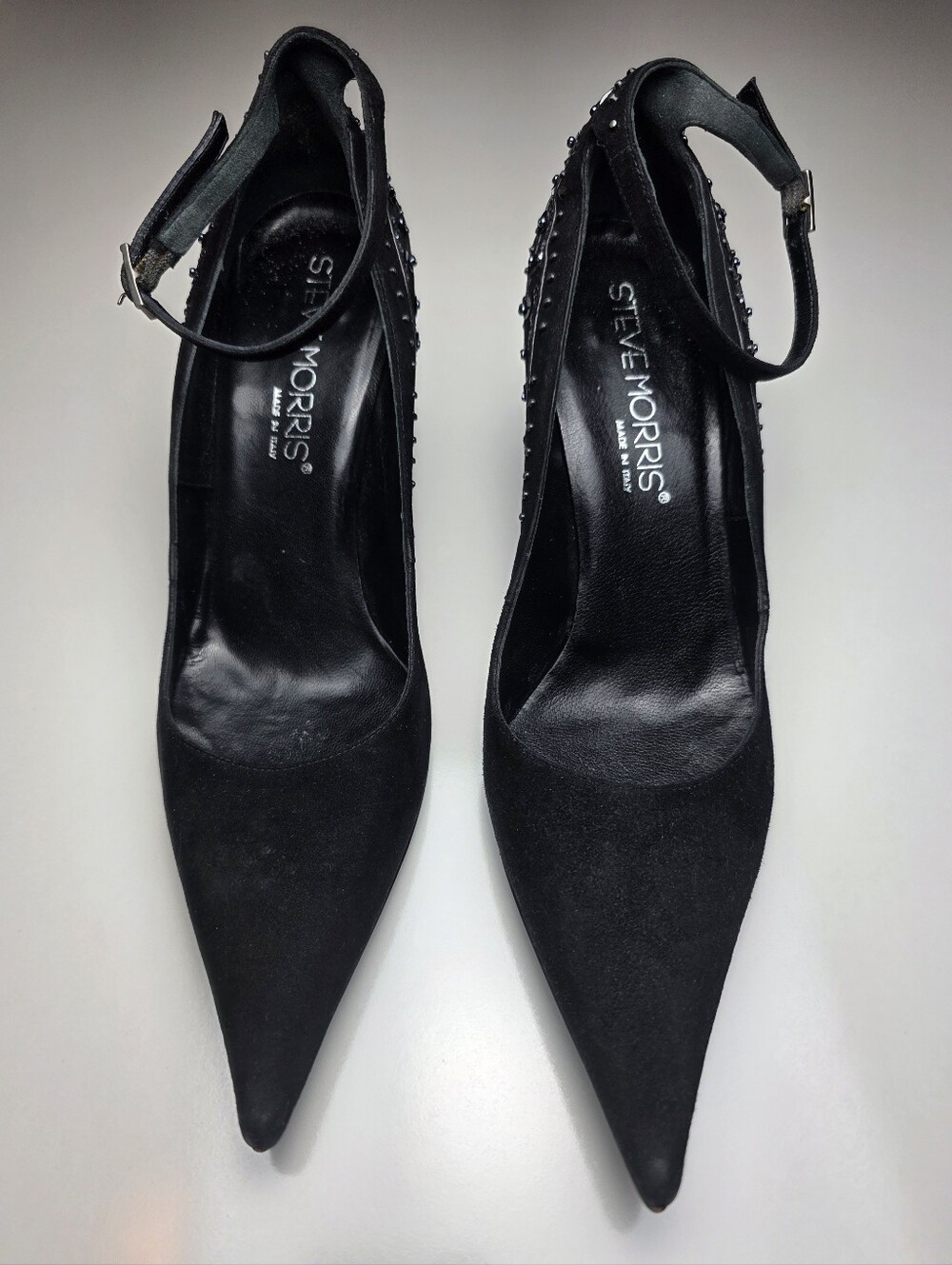 Steve Morris Italy Black Suede Crystal Embellished Pointed Toe Heels EU 39 Goth